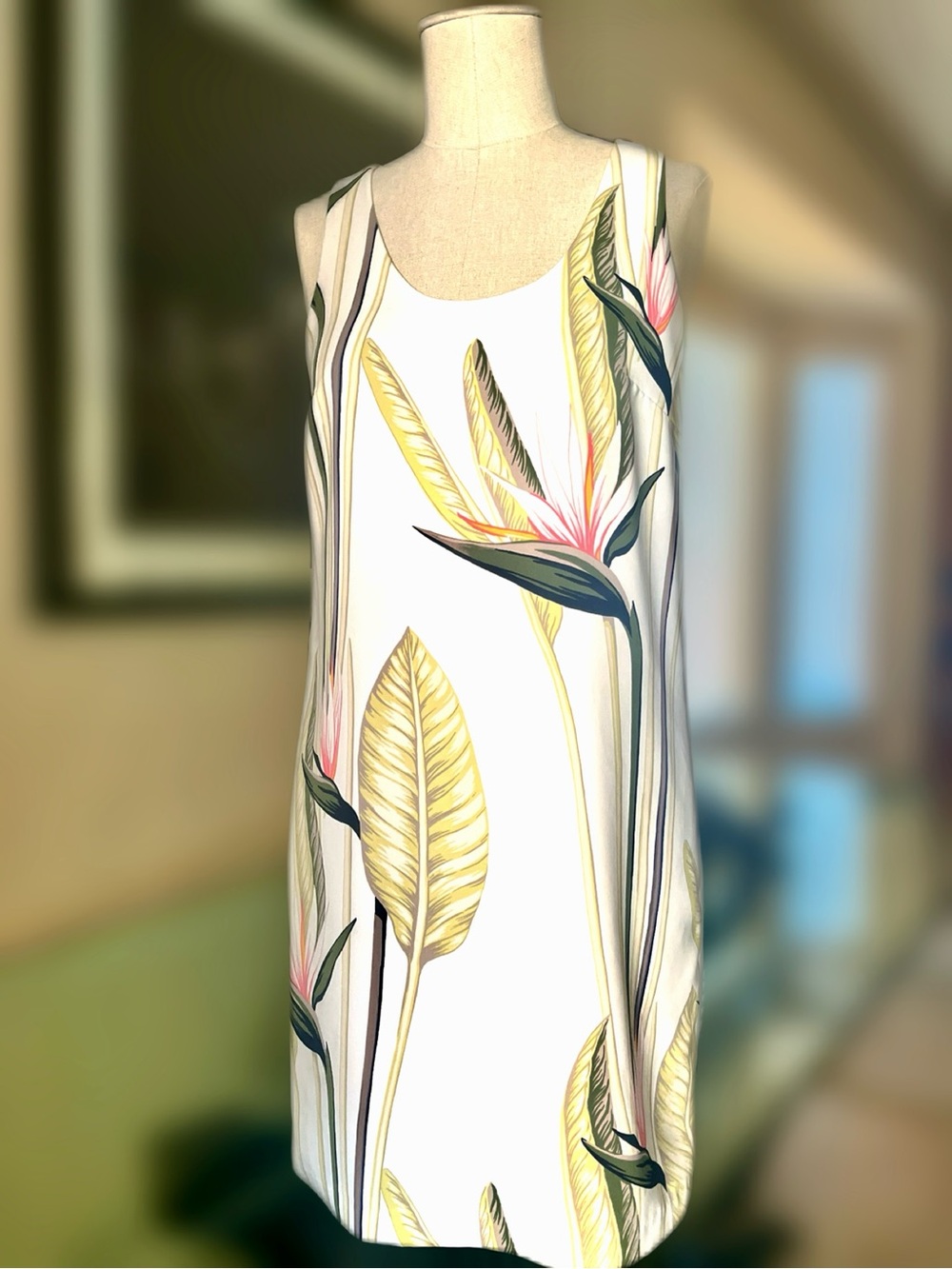 Ann Taylor White Tropical Leaf Print Shift Dress with Pink Accents